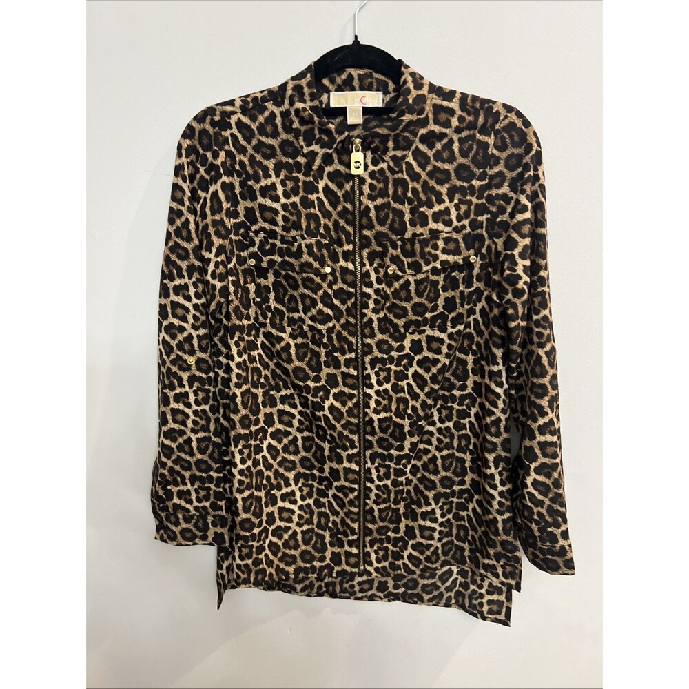 Michael Kors long sleeve Collared leopard zip up top XS City Classic